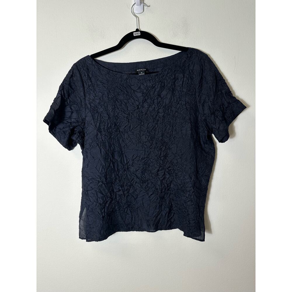 Worth New York Black Crinkle Silk Short Sleeve Top Sz M
